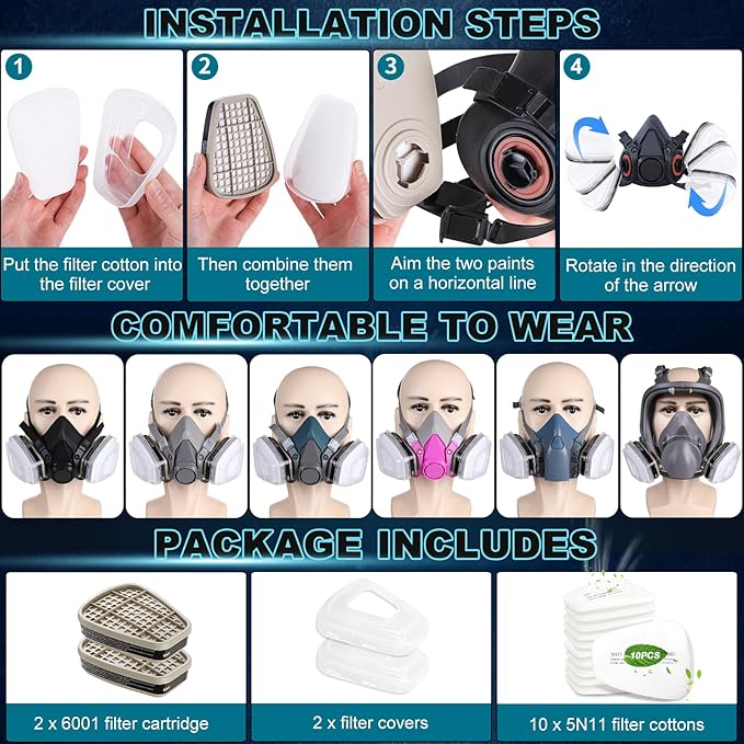 6001 Filter Cartridges for Respirator, Respirator Cartridges & Filters for 6200, 6502, 7502, 6800, 4008, FF402 Series, Respirator Filter Proof Organic Vapors, Paint and Chemical(1 Set)