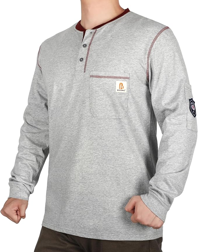 BOCOMAL FR Shirts for Men CAT2 5.5oz Long Sleeve Henley Workwear Flame Resistant Fire Retardant Shirt