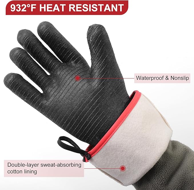 932°F Extreme Heat Resistant BBQ Grill Gloves – Waterproof, Oil Resistant Neoprene Coating, Long Sleeve 14-Inch Cooking Gloves for Grilling, Fryer, Baking, Oven, Smoker, Fireproof Kitchen Mitts