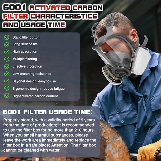 10 Pairs 6001 Respirator Filter Cartridges - 6001 Filters for Half/Full Cover Against Gas/Organic Vapor/Chemical, Replaceable Filters Compatible with 6000, 7000Series Respirator(Black)