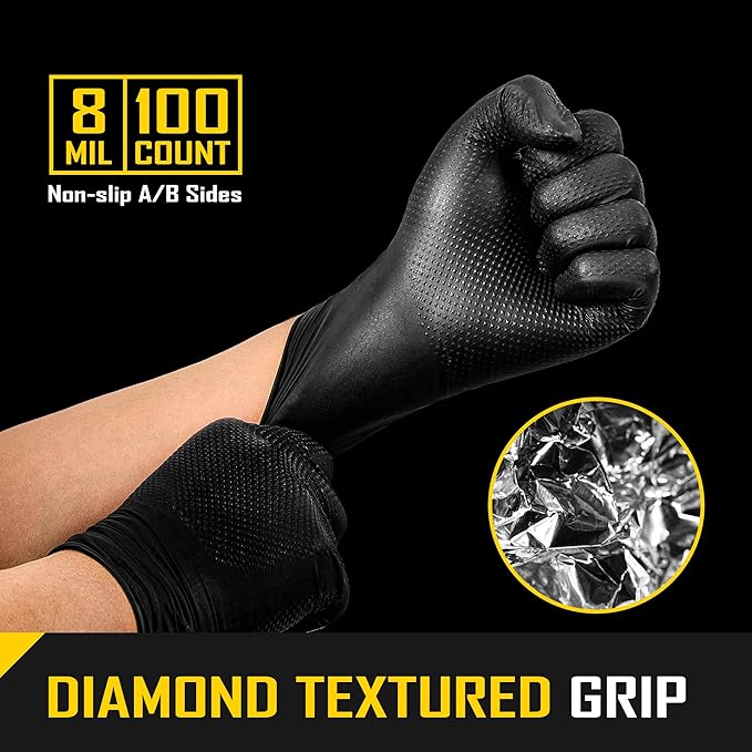 COOLJOB 8 Mil Disposable Nitrile Gloves, Diamond Textured Grip for Cleaning, Dying, Cooking, Waterproof, 100 Count, M-XL