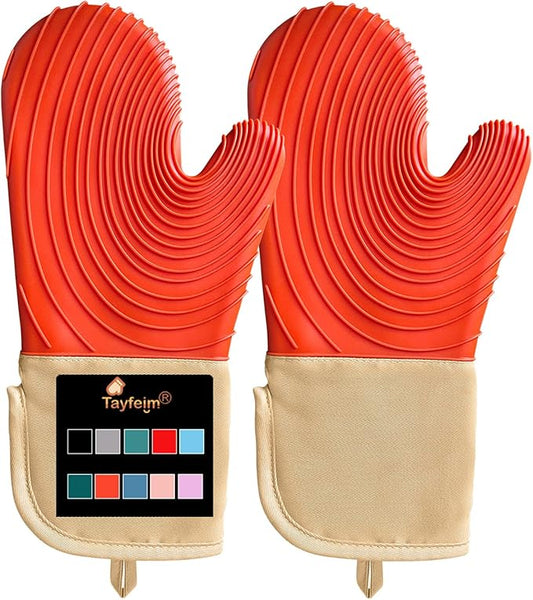 Silicone Oven Mitts-13.6 in Extended Oven Mitts Heat Resistant 500F, Oven Gloves with Soft Liner Good Grippy BPA-Free Easy to Clean Flexible-Oven Mits Set for Cooking Baking Grilling BBQ