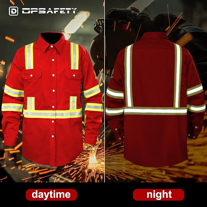 FR Shirts for Men 7oz High Visibility Fire Resistant Shirts NFPA CAT2 Welding Shirt 100% Cotton Hi Vis Flame Resistant Shirt Red(3X-Large)