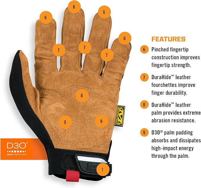 Mechanix Wear M-Pact Leather Gloves - Leather Impact-Resistant Work Gloves for Hand Support - Breathable Design - Shock Absorbing - Machine Washable - Brown/Black - Large