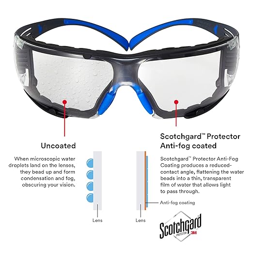3M Safety Glasses for Men and Women, SecureFit 400, 20 Pack, ANSI Z87 Eye Protection, Scotchgard Anti-Fog Anti-Scratch Clear Lens, Blue/Gray Frame, Removable Foam Gasket, Flexible Temples