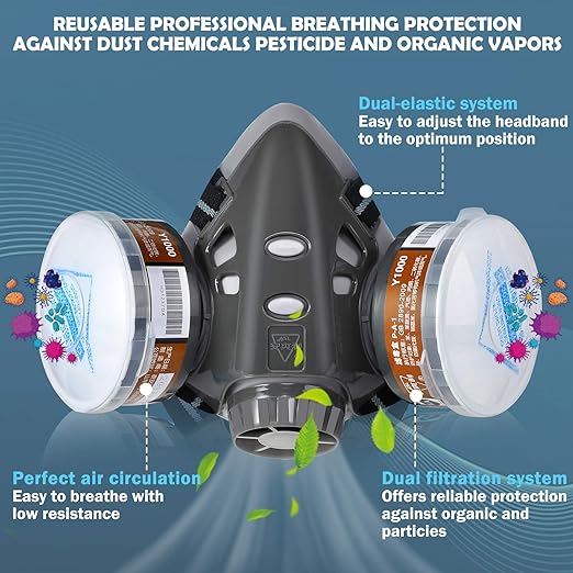 Reusable Face Cover with Filters Set -Active Carbon Respirator for Painting Against Gas/Dust/Organic Vapors/Smells/Fumes/Sawdust/Asbestos Suitable for Painting,Staining,Car Spraying,Sanding &Cutting