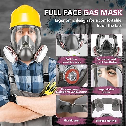 Full-Face Respirator Mask with Filters - Reusable Gas Mask with Filter Cottons, 6001 box and 2097 Particulate filter, Respirator Mask For Chemicals, Painting, Polishing, Welding, Spraying