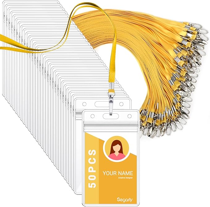 Segarty Lanyards with ID Holder, 50 Pack Vertical Badge Clear Plastic Name Tags Neck Key Card Bulk, Yellow Strap Clips Waterproof Ziplock Nametag Protector for Women, Business, Student, School, Office