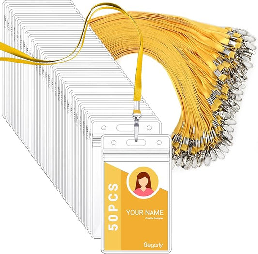 Segarty Lanyards with ID Holder, 50 Pack Vertical Badge Clear Plastic Name Tags Neck Key Card Bulk, Yellow Strap Clips Waterproof Ziplock Nametag Protector for Women, Business, Student, School, Office
