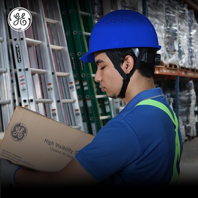 GE Cap Style Hard Hat, 4-Point Ratchet Suspension, Earmuff Slots, High Impact Resistant, Sweat-Wicking Sweatband, Meets ANSI Z89.1-2014, Comfortable, Durable, and Protective - Blue, Vented