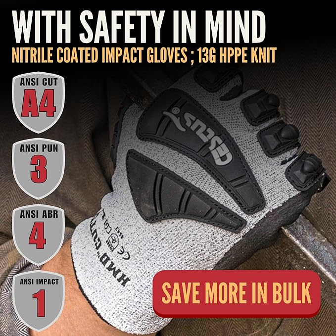 Cestus 3008, ANSI A4 Cut-Resistant Impact Gloves (1,3,12,48 Pairs) Nitrile Coated, Heavy Duty Work Gloves for Construction
