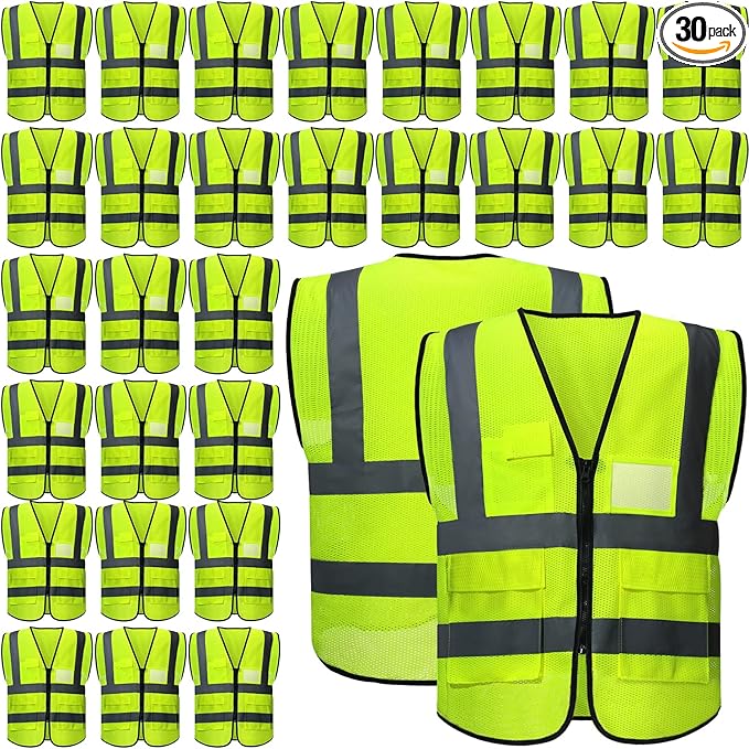 JaGely 30 Pack Reflective Safety Vests with Pockets, High Visibility Mesh Construction Vest for Men Women, Neon Yellow, Size L