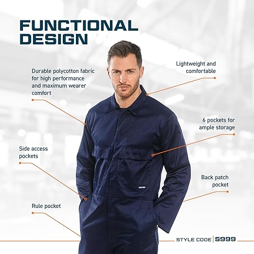 Portwest S999 Euro Polycotton Multipocket Work Coverall with Front Snap Closure, Navy, XXL