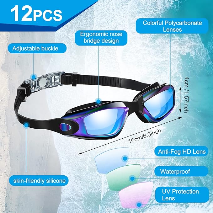 Flutesan 12 Pack Swim Goggles for Adult Kids Anti Fog Swimming Glasses with 12 Ear Plugs Nose Clip No Leaking Full Protection