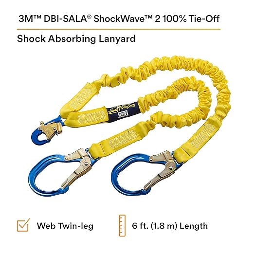3M DBI-SALA 6' Shockwave2 1 1516" Polyester Tubular Web Twin-Leg Tie-Off Shock-Absorbing Lanyard With Snap Hook And Aluminum Rebar Hooks On Leg Ends