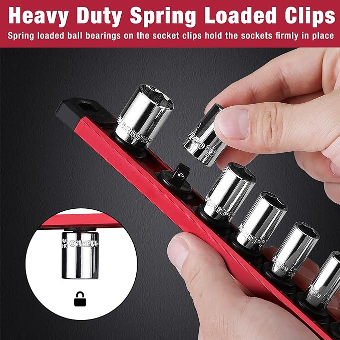 WORKPRO Magnetic Socket Organizer, 1/4-Inch Drive Aluminum Alloy Socket Rail, Heavy Duty Socket Holder, Socket Rack Kit 1/4-Inch x 12 Clips (Red)
