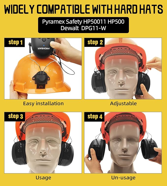 PROHEAR 037BR04 Bluetooth Hearing Protection with Adapter for 3M H-700 Hard Hats/DEWALT Hard Hat, 40H Playtime Safety Headphone for Construction Worker, Mowing - Black