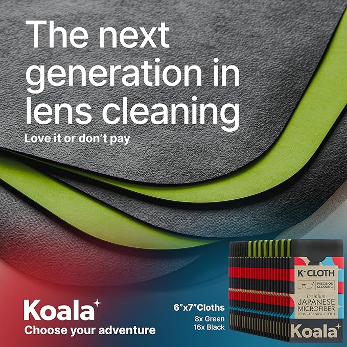 Koala Lens Cleaning Cloth | Japanese Microfiber | Glasses Cleaning Cloths | Eyeglass Lens Cleaner | Eyeglasses, Camera, VR/AR Headset, and Screen Cleaner | Black & Green (Pack of 24)