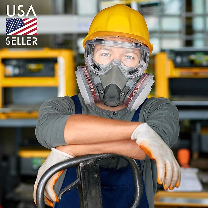 Respirator Mask for Spray Painting, Woodworking, Welding, Dust, and General Safety with Clear Eye Goggles, 10 Replacement Filters, Half Face Cover with Safety Glasses