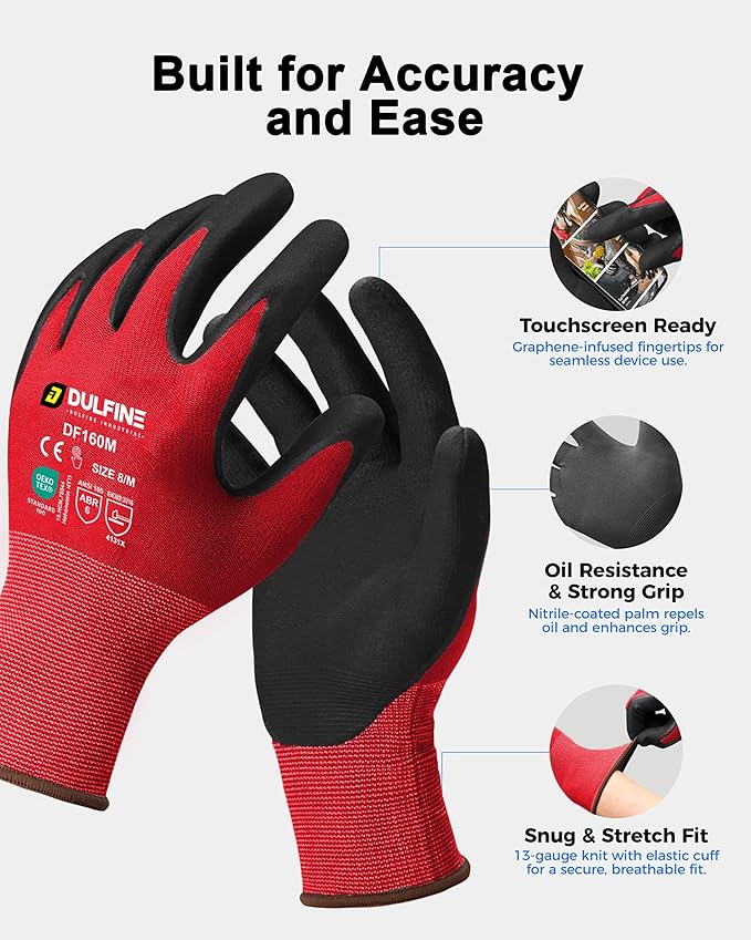 Safety Work Gloves MicroFoam Nitrile Coated-12 Pairs Pack,Red Seamless Knit Nylon Glove with Black Micro-Foam Nitrile Grip,Ideal for General Purpose,Automotive,Home Improvement,Painting(Medium)