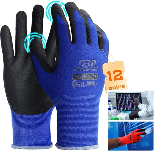 JDL Work Gloves with Micro Foam Nitrile Coated, Touch Screen Compatible,US Patent Seamless Knit Nylon Safety Gloves