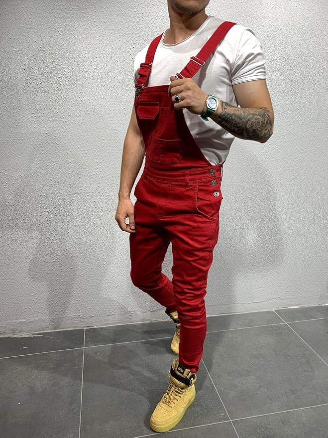 LONGBIDA Men's Denim Bib Overalls Fashion Slim Fit Jumpsuit with Pockets