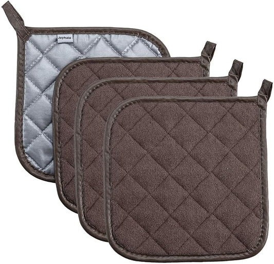 Joyhalo 4 Pack Pot Holders for Kitchen,Cotton Oven Holder with Great Heat Resistance,Non Slip Hot Pads for Kitchen Clearance,Brown