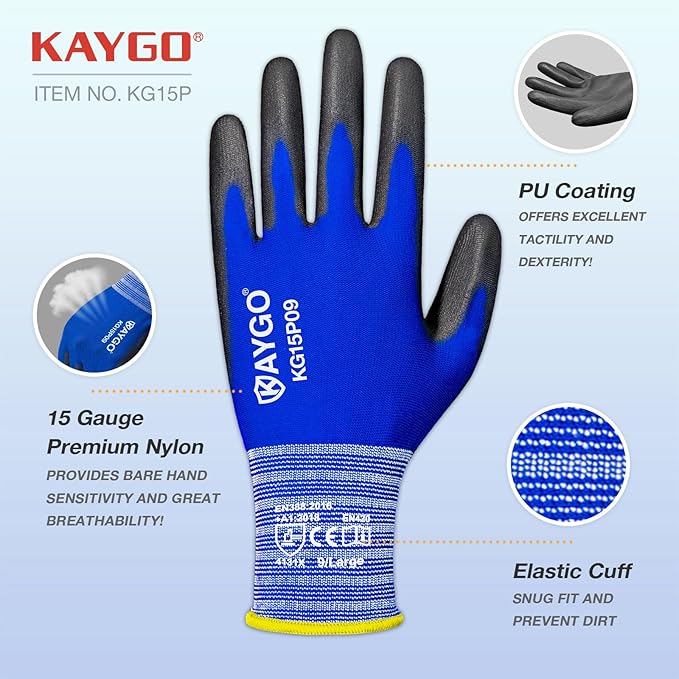 KAYGO Work Gloves PU Coated-12 Pairs, KG15P,Nylon Lite Polyurethane Safety Work Gloves, Gray Polyurethane Coated, Knit Wrist Cuff,Ideal for Light Duty Work (XX-Large, Blue)