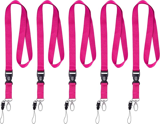 Wisdompro Office Lanyard, 5pcs 23 inch Polyester Neck Strap with Oval Clasp and Detachable Buckle for ID Badges, Keys, Keychains, Phones, Camera, USB - Hot Pink