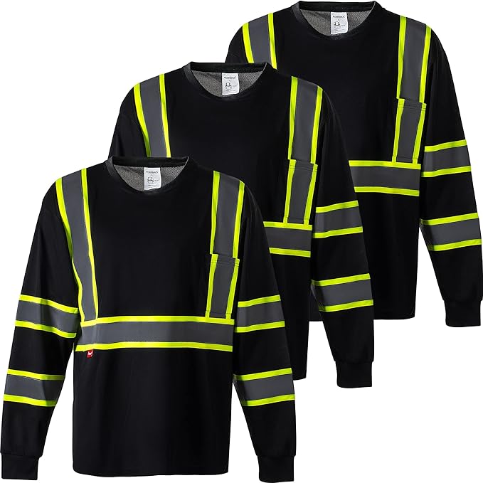 ProtectX Men's High Visibility Heavy Duty Long Sleeve Reflective Safety T-Shirts for Construction, Class 2-3 Type R