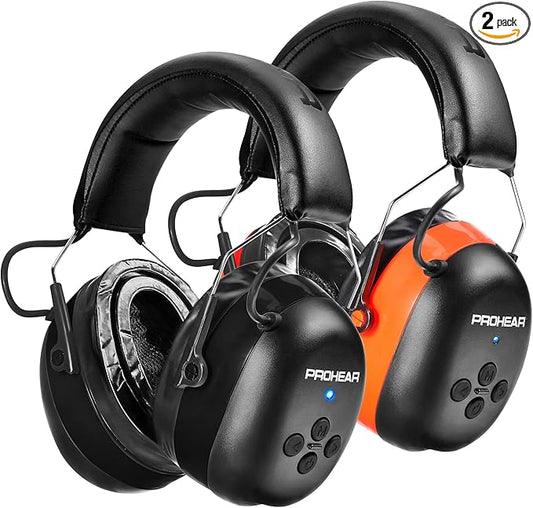 PROHEAR 037 Gel Ear Pads Bluetooth 5.3 Hearing Protection Headphones 30dB SNR Safety Noise Reduction Earmuff for Mowing Workshops Snowblowing 2 Pack, Black + Orange