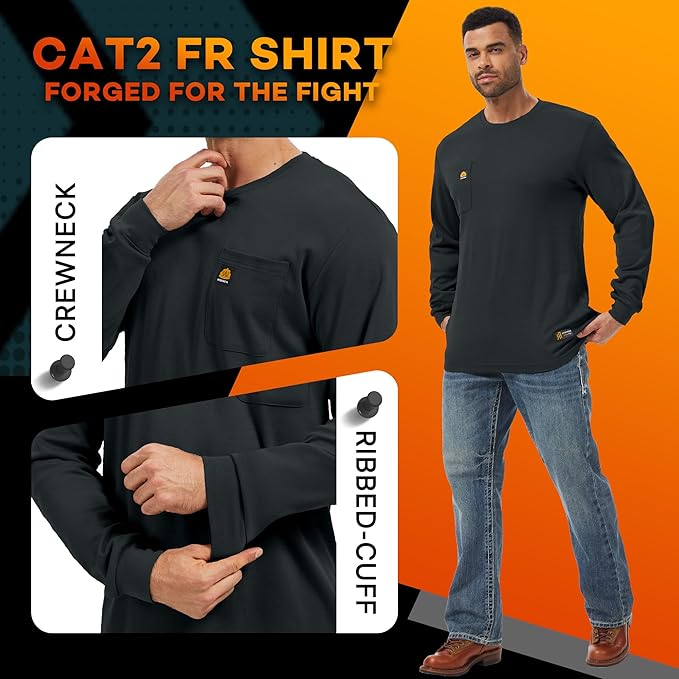 WORKWEYA Men's FR Shirts 6.5oz Lightweight Long Sleeve Flame Resistant T-Shirt NFPA 2112/CAT2