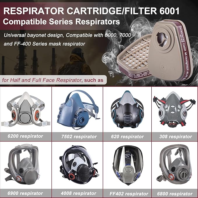 6001 Filter Cartridges for Respirator, Replacement Respirator Filters, Paint, Chemical, Organic Vapor Cartridge, Respirator Cartridges for 6200, 7502, 6800, 4008, FF402 Series(10 Pair)
