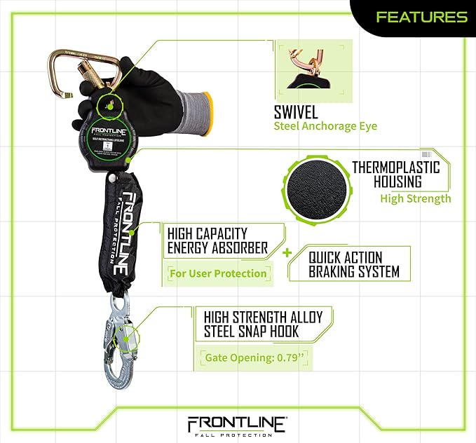 Frontline RPA061S 6' Aramid Web Single Leg SRL with Steel Snap Hook | Lightweight, Durable & Compact | 310 lbs Capacity | Aramid Fiber Webbing | ANSI & OSHA Compliant | ISO Lab Tested (2 Pack)