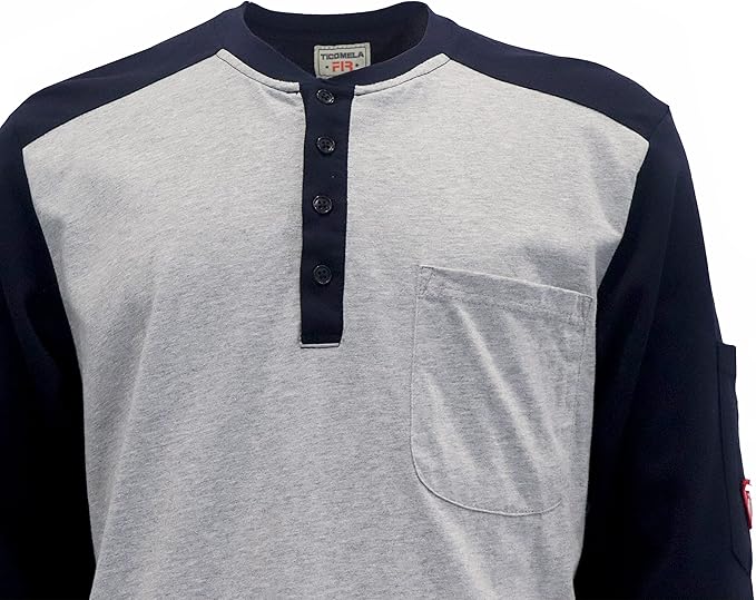 TICOMELA FR T Shirt Flame Resistant Shirt 5.5oz 100% Cotton Light Weight Workwear Men's Long Sleeve Henley Shirts