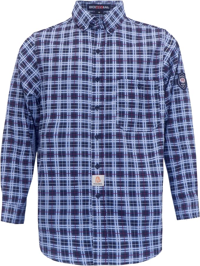 BOCOMAL FR Shirts Flame Resistant NFPA2112/CAT2 6.5oz Light Weight Printed Fire Retardant Plaid Shirt