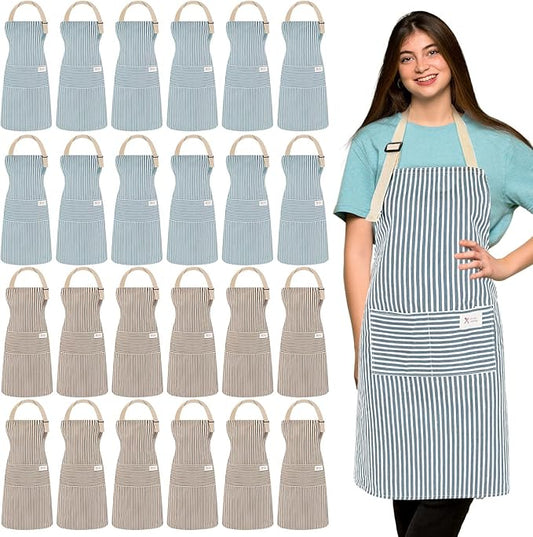 Janmercy 24 Pcs Aprons for Women Men with 2 Pockets Linen Cooking Kitchen Apron Adjustable Bib Chef Apron Bulk Aprons Unisex