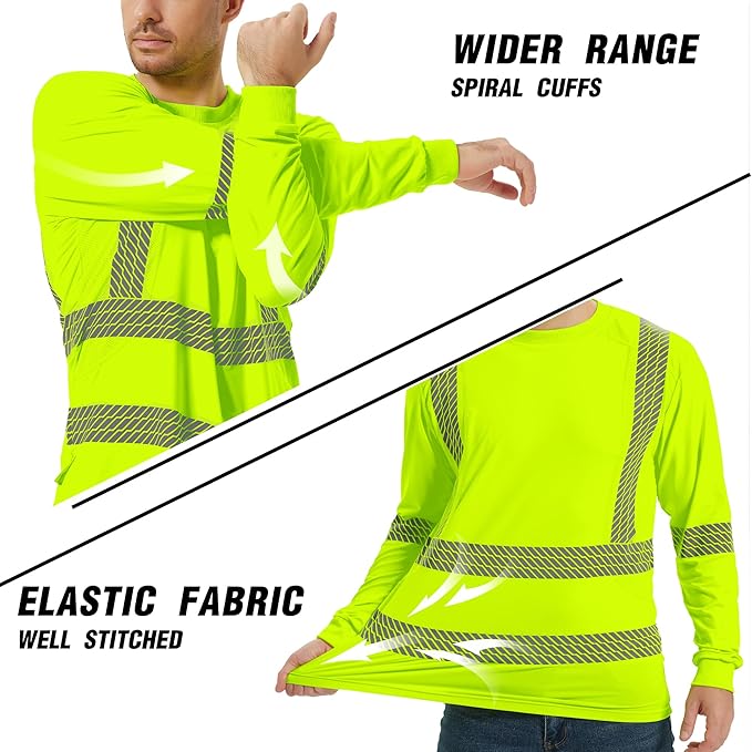 ProtectX Men's High Visibility Heavy Duty Long Sleeve Reflective Safety T-Shirts for Construction, Class 2-3 Type R