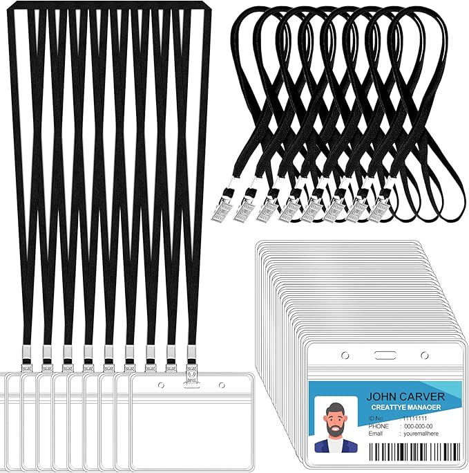 50 Pcs Clear Horizontal Badge ID Card and 50 Pcs Lanyard, Reusable Lanyards for Id Badge Holder Name Tag Badge Holder with Lanyards for Adults Kids Business School Conferences (Black)