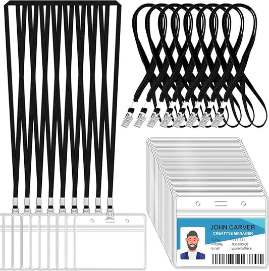 50 Pcs Clear Horizontal Badge ID Card and 50 Pcs Lanyard, Reusable Lanyards for Id Badge Holder Name Tag Badge Holder with Lanyards for Adults Kids Business School Conferences (Black)