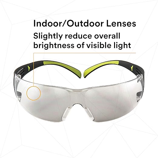 3M Safety Glasses, SecureFit, 20 Pack, ANSI Z87, Anti-Scratch Indoor/Outdoor (I/O) Mirror Lens, Green/Black Frame, Flexible Temples