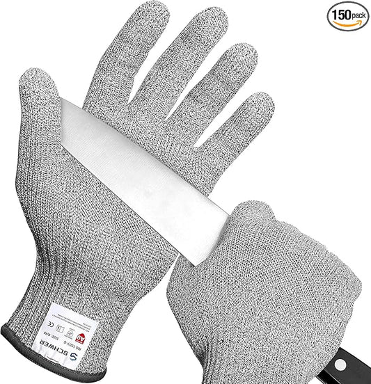 Schwer 150 Pairs ANSI A9 Cut Resistant Gloves, Food Grade Reliable Cutting Glove, Mandoline Glove for Kitchen, Oyster Shucking, Non-PFAS, PR1501-G, L