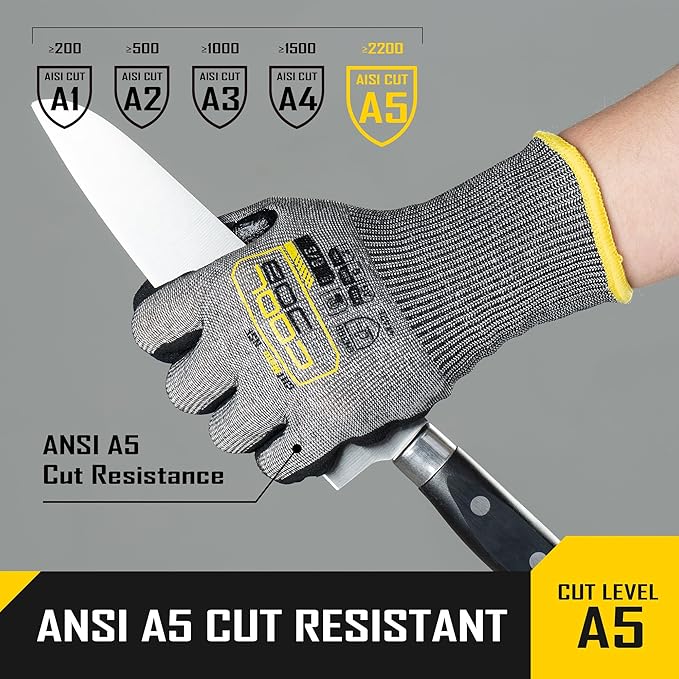 COOLJOB ANSI A5 Cut Resistant Gloves - 1/3/12 Pairs, Nitrile Rubber Dipped Safety Work Gloves for Men, Knife Proof with Grip Coating for Construction Warehouse Glass Wood Work, Grey Large