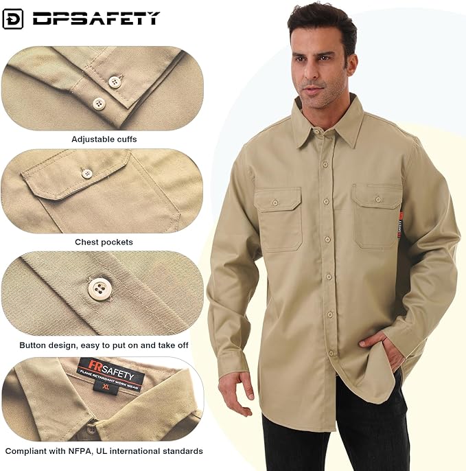 FR Shirt 7oz Fire Resistant Shirts Men's,CAT2 Welding Shirt 100% Cotton Flame Resistant Shirts Khaki (6X-Large)