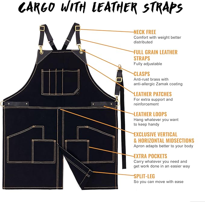 Under NY Sky Cargo Black Apron – Cross-Back with Leather Straps, Heavy-Duty Waxed Canvas and Split-Leg – Adjustable for Men and Women – Pro Woodworker, Mechanic, Blacksmith, Welder, Artist Aprons