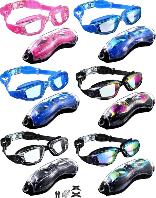 6 Pack Swim Goggles Swimming Goggles No Leaking Full Protection Glasses for Men Women Youth UV Protection Fog Proof Swim Goggles with Nose Clips Ear Plugs Storage Boxes