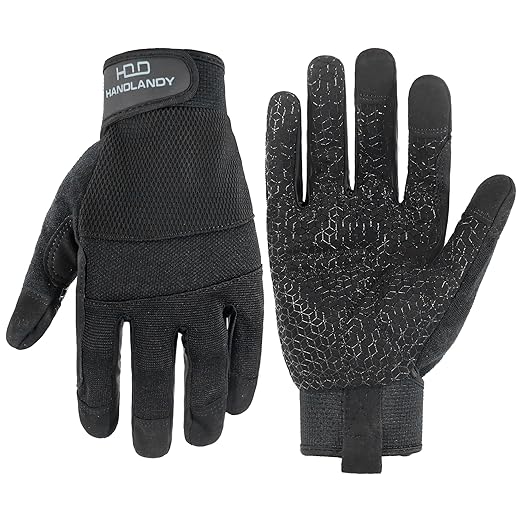 HANDLANDY Grip Work Gloves for Women Men, Safety Utility Yard Working Gloves, Flexible Touch Screen Mechanics Gloves (Black- Grip, Large (Pack of 1))