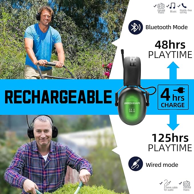 PROHEAR 033 2.0 Bluetooth Hearing Protection Headphones with AM/FM Radio - 31 SNR Noise Reduction Ear Muffs, 50Hrs Rechargeable Battery, 2 Pack for Mowing, Snowblowing, Outdoor Use - Black and Black