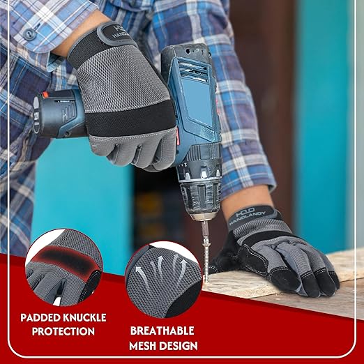 HANDLANDY Working Gloves for Men & Women, Safety Work Gloves with Grip for Warehouse Construction Garden Yard Outside (Grey-Grip, X-Large (Pack of 3))