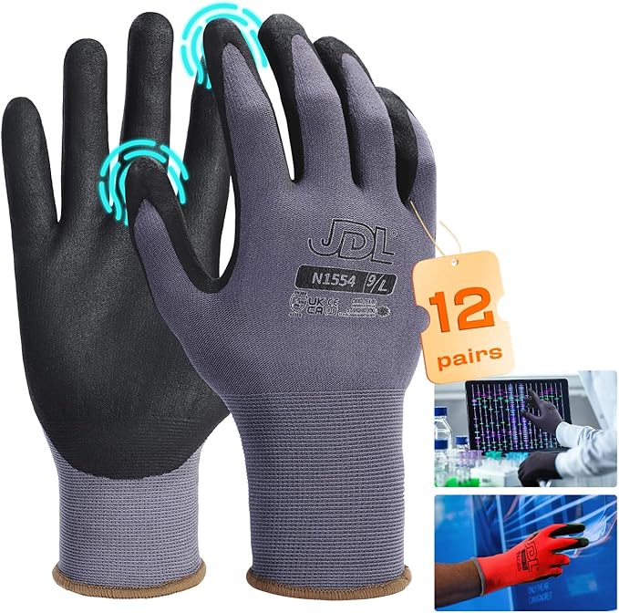 JDL Work Gloves with Micro Foam Nitrile Coated, Touch Screen Compatible,US Patent Seamless Knit Nylon Safety Gloves